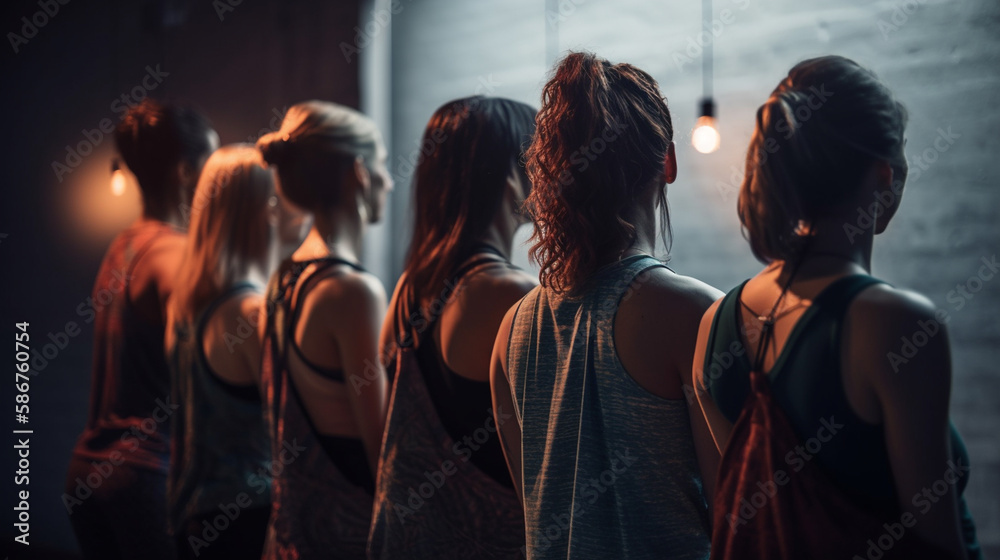 Group of young women in sportswear standing back to back in fitness studio.generative ai