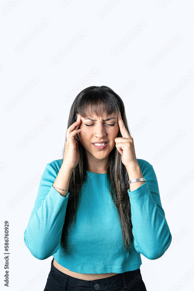 Woman suffering from headache on white background. Negative human emotion facial expression feeling. Woman suffering from headache on white background. Negative human emotion facial expression feeling.
