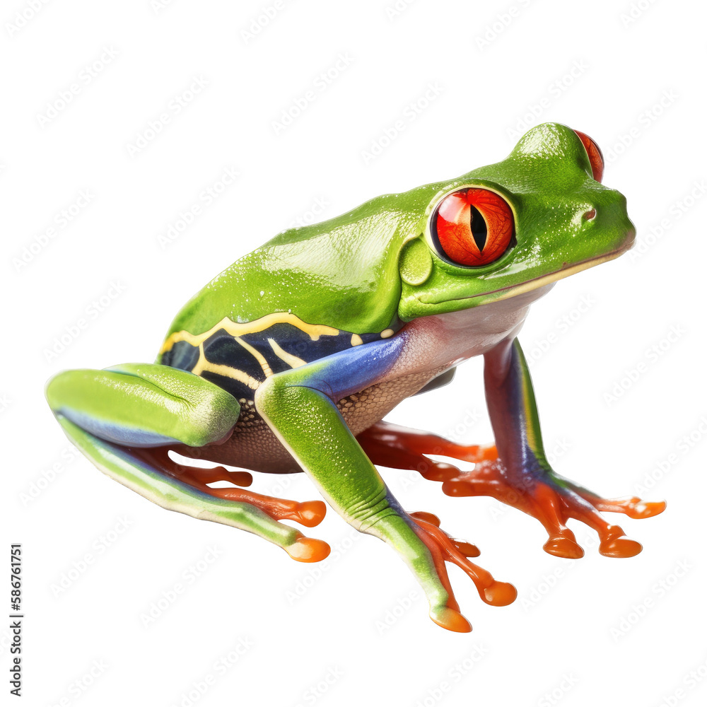 Obraz premium an isolated Green, Red-eyed tree Frog 3/4-view portrait, wildlife-themed, Tropical Rainforest, photorealistic illustration on a transparent background cutout in PNG. Generative AI