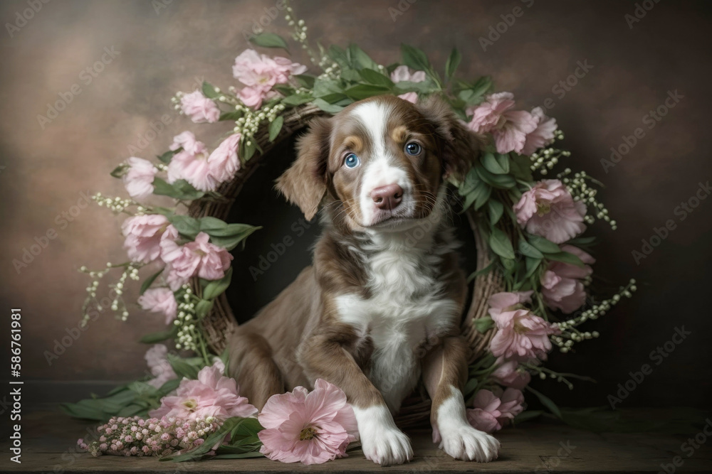 Cute fluffy puppy with a wreath of blue flowers, portrait. Template for postcard, layout with copy space