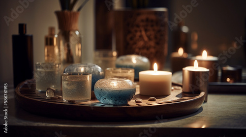 Spa setting with candles and salt on a wooden table.generative ai