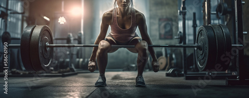 Close up of sporty young woman lifting barbell in gym.generative ai