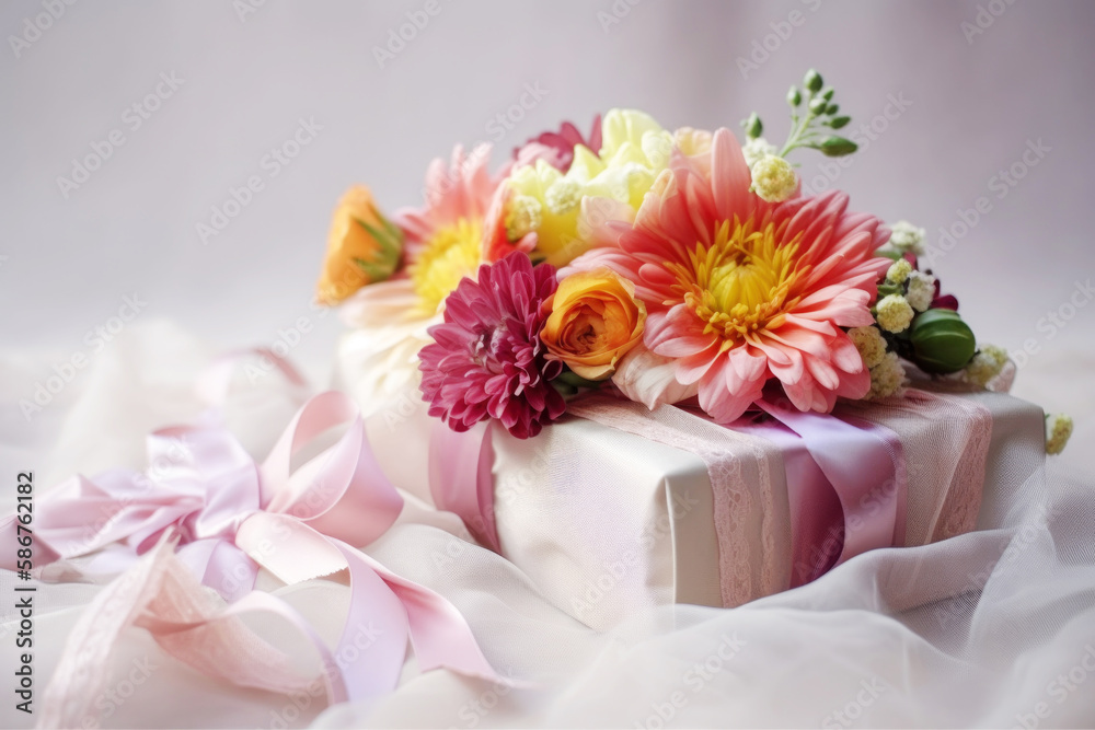 Bouquet of various flowers lies on a festive box with satin ribbon, light background. Festive composition for Mother's Day, birthday, wedding Bouquet of various flowers lies on a festive box with satin ribbon, light background. Festive composition for Mother's Day, birthday, wedding