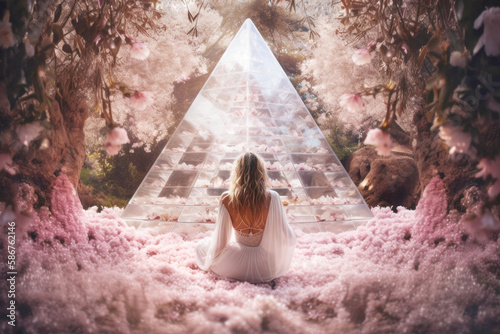 Woman meditating in a mystical ethereal garden surrounded by crystals and flowers. Generative AI.  photo