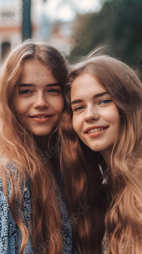 Pretty young twin girls outdoors. Generative AI