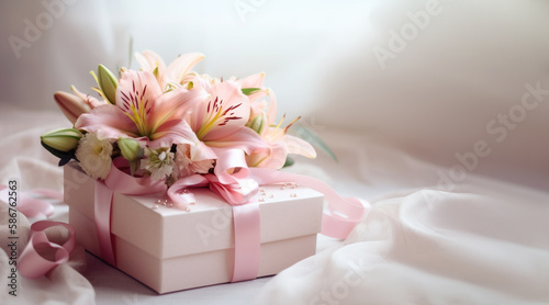 Bouquet of various flowers lies on a festive box with satin ribbon, light background. Festive composition for Mother's Day, birthday, wedding © ximich_natali