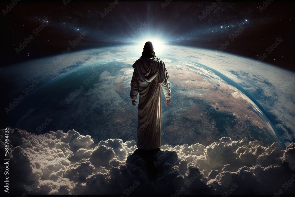 Jesus as the redeemer watching over the earth from space, created with Generative AI technology - obrazy, fototapety, plakaty 
