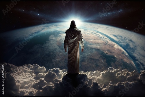 Jesus as the redeemer watching over the earth from space, created with Generative AI technology photo