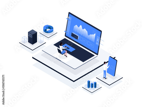 Product analytics Isometric Illustration Flat Color. Suitable for Mobile App, Website, Banner, Diagrams, Presentation, and Other Graphic Assets.