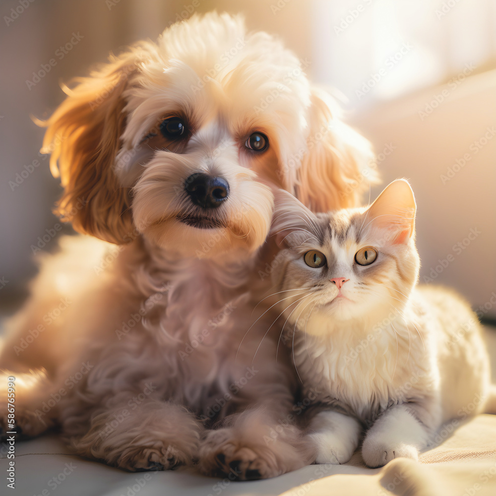 Cute cat and dog friends together, generative ai. Cute cat and dog friends together, generative ai.