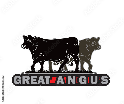 ANGUS BULL RUNNING LOGO, silhouette of great cattle standing vector illustrations