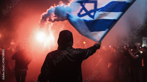Israel Protests 2023 Tel Aviv. Protestors Waving Israeli Flag Protesting Overhaul to Judicial System By Netanyahu. Generative AI photo