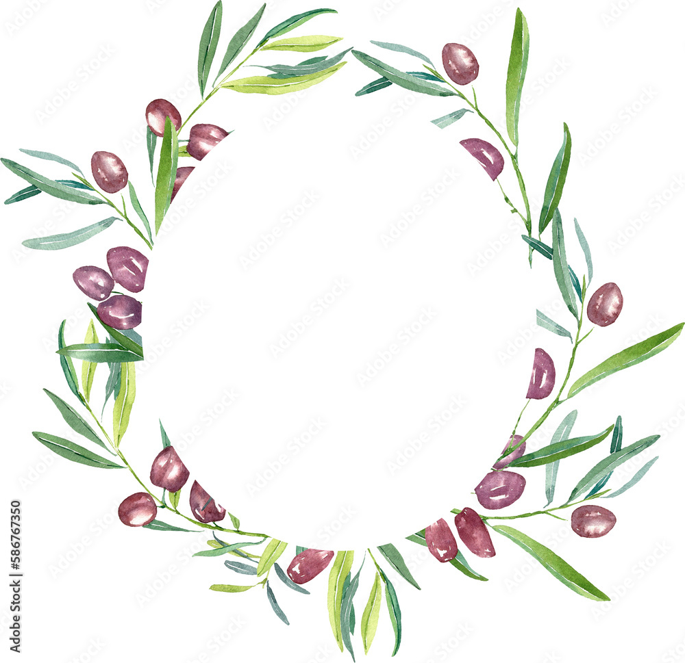 Watercolor olive wreath, wedding frame, save the date, green branch with olives, invitation clipart Watercolor olive wreath, wedding frame, save the date, green branch with olives, invitation clipart
