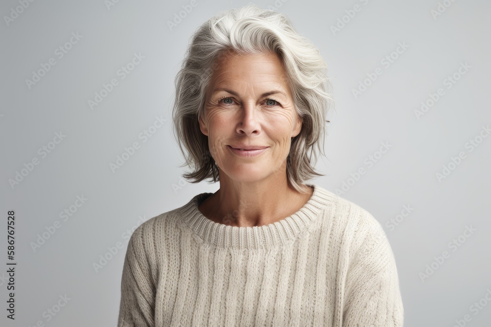 Serene and confident 40-year-old woman in white wool sweater on white background. Generative