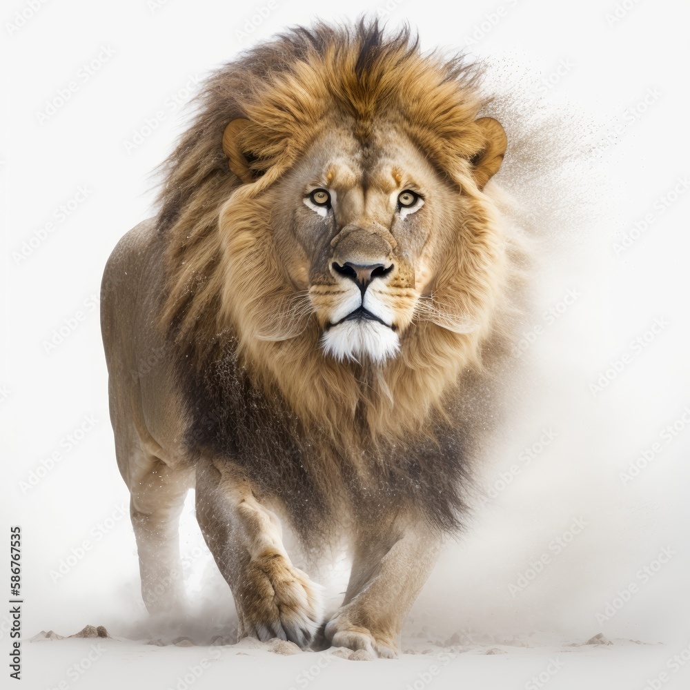 Threatening lion stance: the powerful king of mammals walking forward on white background. Generative AI Threatening lion stance: the powerful king of mammals walking forward on white background. Generative AI