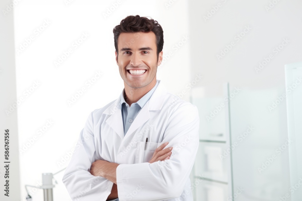 Portrait of a smiling male doctor standing with arms crossed in clinic