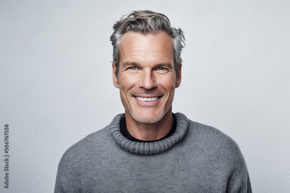 Portrait of handsome mature man in sweater smiling at camera over grey background Portrait of handsome mature man in sweater smiling at camera over grey background
