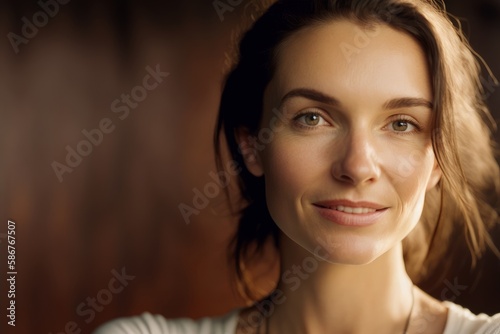 Confident brunette woman with serene smile in earth tone setting. Generative AI © Robert MEYNER