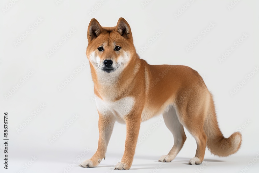 Shiba inu dog standing on white background. Studio shot.