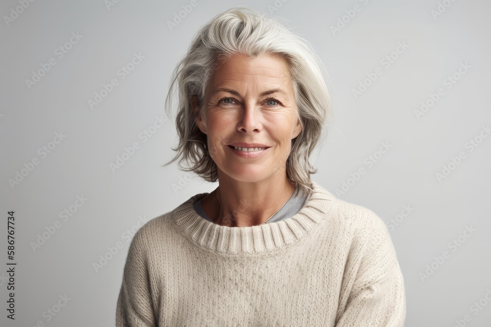 Confident and serene 40-year-old woman in white sweater posing on white background. Generative AI Confident and serene 40-year-old woman in white sweater posing on white background. Generative AI