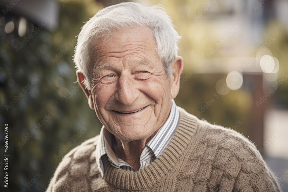 Smiling elderly man in traditional brown wool sweater exuding wisdom and experience with bokeh effect outdoors. Generative AI