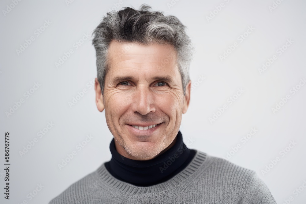 Portrait of handsome middle-aged man smiling at camera over grey background Portrait of handsome middle-aged man smiling at camera over grey background