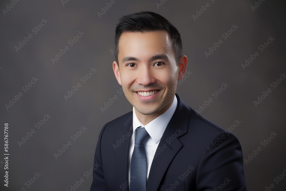 Smiling 40-year-old Asian executive in navy suit and blue shirt on dark gray background. Generative AI Smiling 40-year-old Asian executive in navy suit and blue shirt on dark gray background. Generative AI