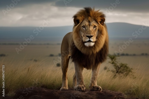 Majestic and attentive lion posing in the African savannah at sunset. Generative AI © Robert MEYNER