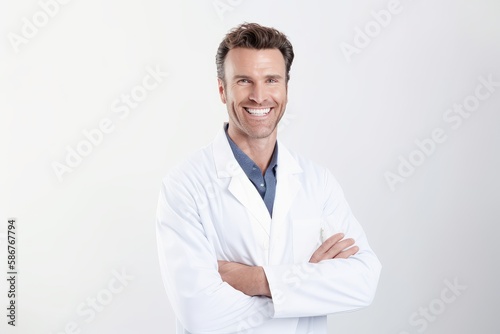 Portrait of a smiling doctor standing with arms crossed over white background © Robert MEYNER