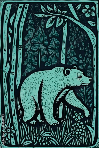 lithograph style blue print of a bear in the forest, storybook illustration style wildlife. Generative AI.  photo