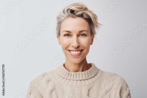 Confident woman in white wool sweater, expressing joy on white background. Generative AI