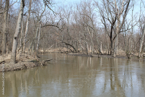 North Branch of the Chicago River at Linne Woods in early spring with brown grass on the bank at Linne Woods in Morton Grove, Illinois