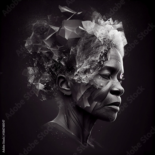Conceptual image showing trauma of racism in senior Black woman. Generative AI.