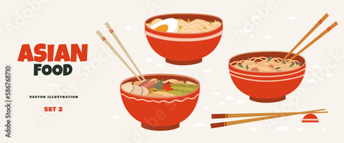 Set of bowls with Asian egg noodles, soup, and chopsticks on light isolated background. Traditional oriental food vector illustration. Korean, Japanese, Chinese national dish in flat style.
