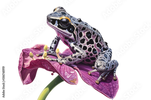 an isolated Poison Dart Frog on flower side-view portrait, wildlife-themed, Tropical Rainforest, photorealistic illustration on a transparent background cutout in PNG. Generative AI