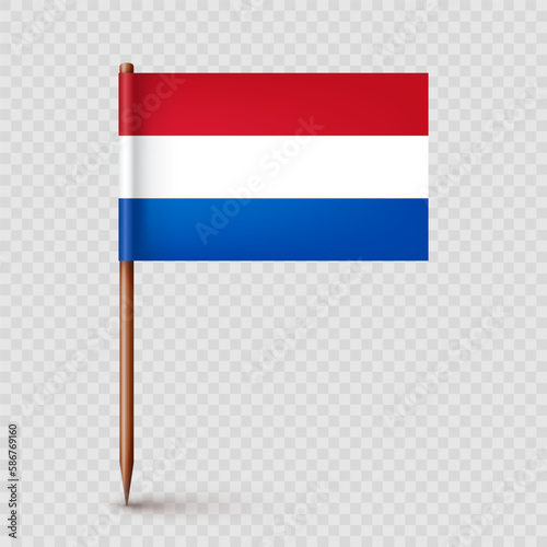 Realistic Dutch toothpick flag. Souvenir from Netherlands. Wooden toothpick with paper flag. Location mark, map pointer. Blank mockup for advertising and promotions. Vector illustration