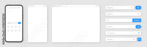 Smartphone, blank internet browser window with various search bar templates. Web site engine with search box, address bar and text field. UI design, website interface elements. Vector illustration