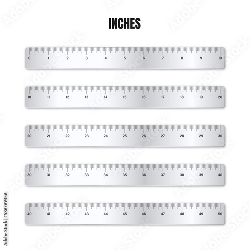 Realistic various shiny metal rulers with measurement scale and divisions, measure marks. School ruler, inch scale for length measuring. Office supplies. Vector illustration