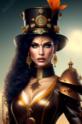 Portrait of a young beautiful woman in a hat dressed in mystical steampunk style