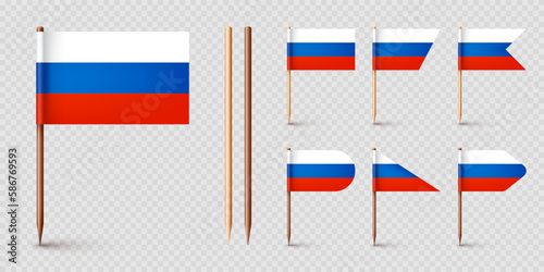 Realistic various Russian toothpick flags. Souvenir from Russia. Wooden toothpicks with paper flag. Location mark, map pointer. Blank mockup for advertising and promotions. Vector illustration