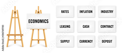 Realistic paint desk with text on white canvas. Wooden easel and a sheet of drawing paper. Presentation board on a tripod. Business investment, economics and finance. Vector illustration