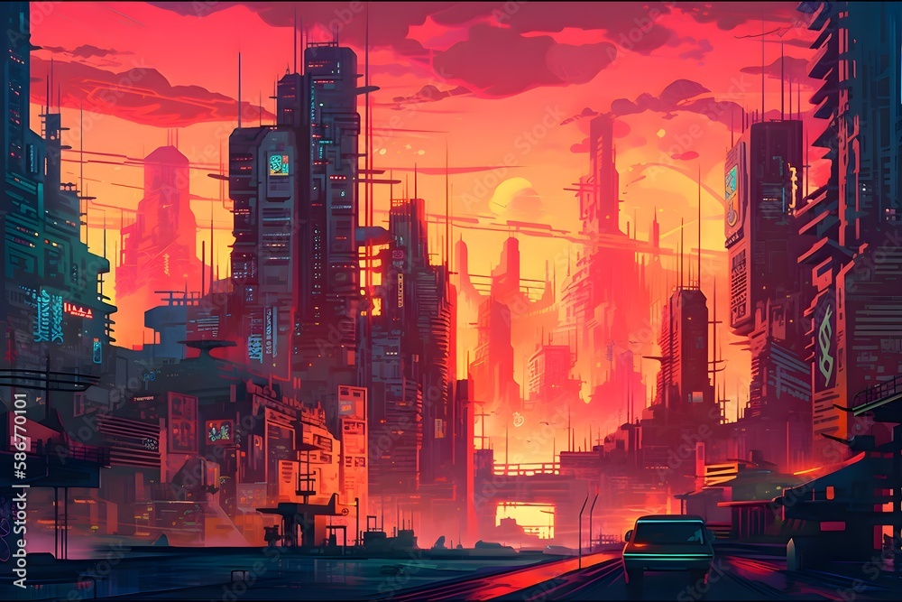 Beautiful Cyberpunk Cityscape, Glitchy Animation style, Cyberpunk Wallpaper/Background, Stock Illustration