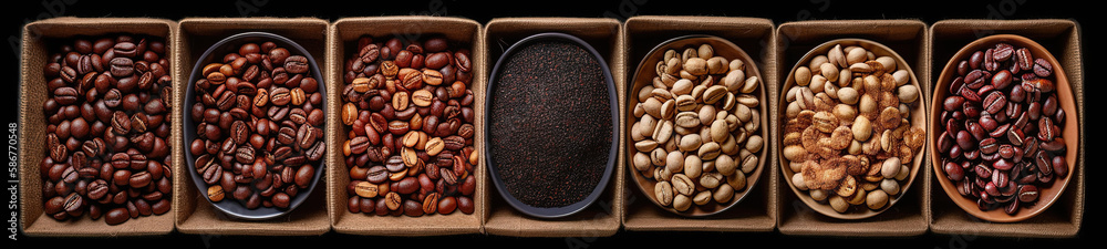 Fototapeta premium Panoramic banner with coffee beans, close-up on many different kinds on black background, AI generative