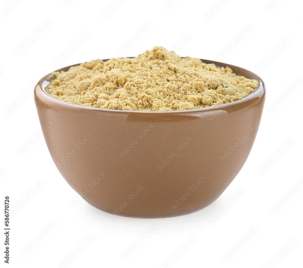 Aromatic mustard powder in bowl on white background Aromatic mustard powder in bowl on white background