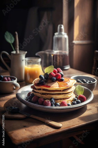 Realistic pancake with fruits toping illustration