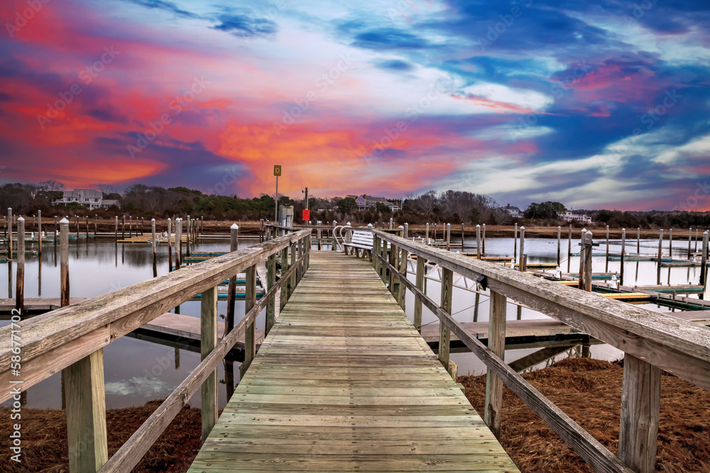 Sunset over the Sesuit Harbor Marina on Cape Cod in East Dennis.