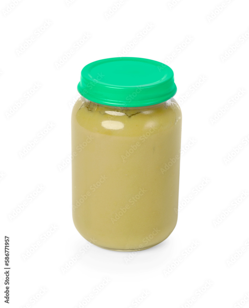 Glass jar with healthy baby food isolated on white Glass jar with healthy baby food isolated on white