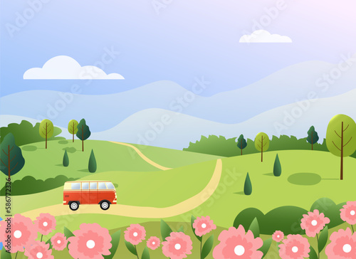 The bus rides through the flower fields. Spring landscape  road and forest. Vector drawing in a flat style with gradients. Illustrations for banners  backgrounds  advertising  web pages and websites