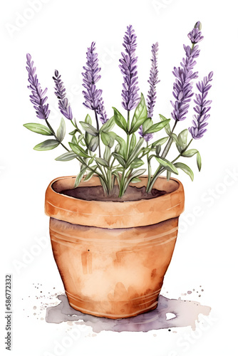 Watercolor Art Print of Lavender Plant in Pot. Generative AI