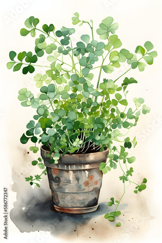 Watercolor Painting of Maidenhair Fern in a Pot. Generative AI